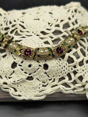 Arthur Pepper Vintage Solid Copper Bracelet • Ornate Links & Jewel‑Tone Stones